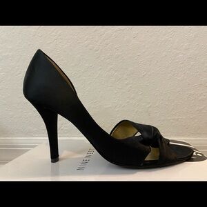 Black Satin open-toed heels